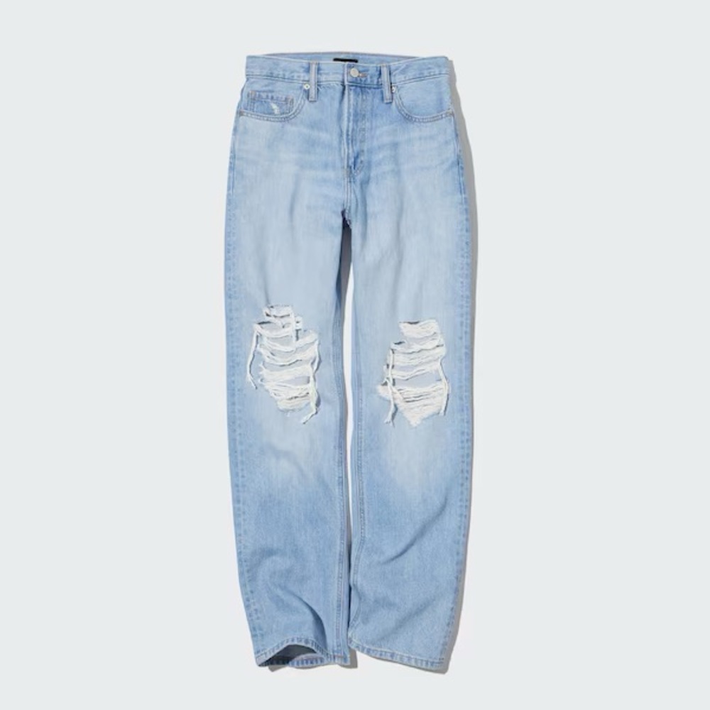 Uniqlo Distressed Straight High-Rise Jeans (Light Blue)